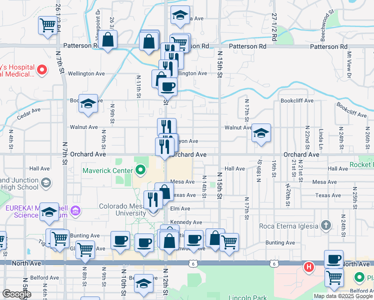 map of restaurants, bars, coffee shops, grocery stores, and more near 1224 Orchard Avenue in Grand Junction