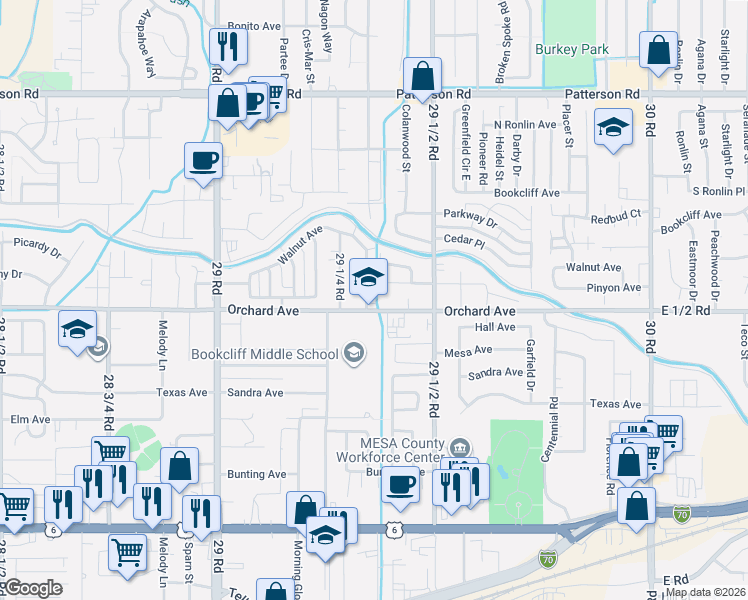 map of restaurants, bars, coffee shops, grocery stores, and more near 552 Garfield Drive in Grand Junction