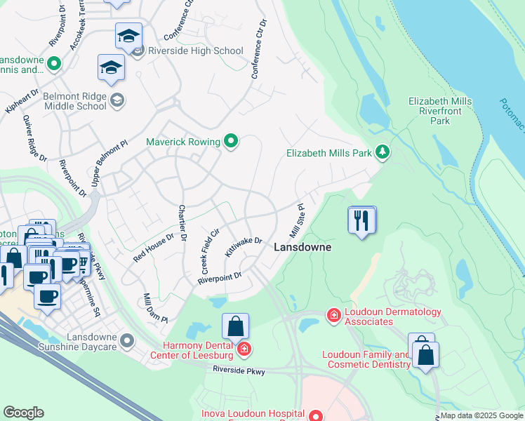 map of restaurants, bars, coffee shops, grocery stores, and more near 19221 Creek Field Circle in Leesburg