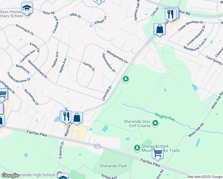 map of restaurants, bars, coffee shops, grocery stores, and more near 112 Churchill Drive in Stephens City