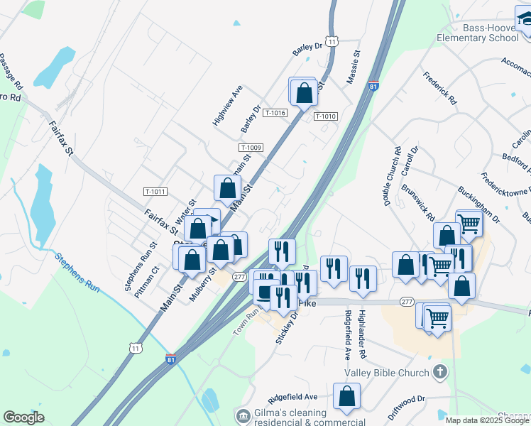 map of restaurants, bars, coffee shops, grocery stores, and more near 5280 Mulberry Street in Stephens City