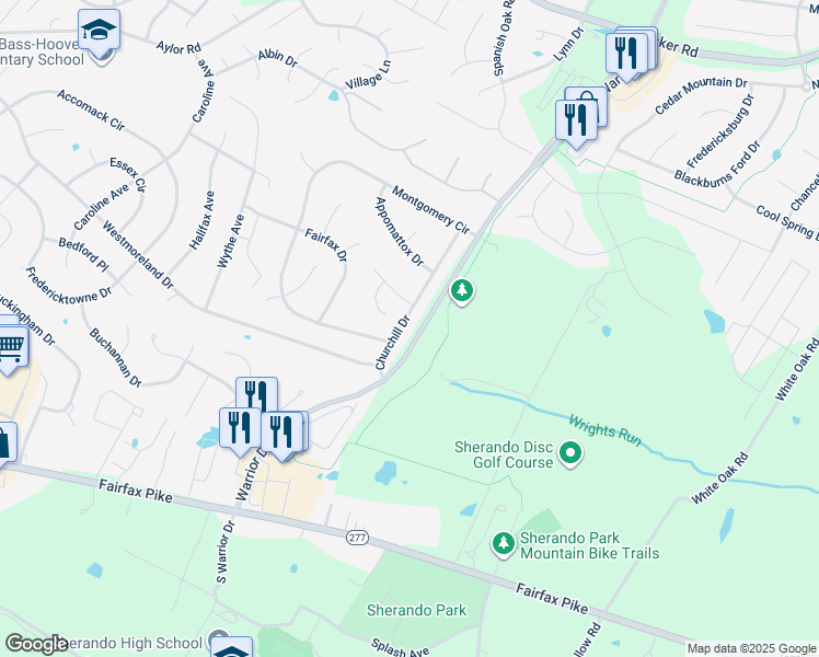 map of restaurants, bars, coffee shops, grocery stores, and more near 112 Churchill Drive in Stephens City