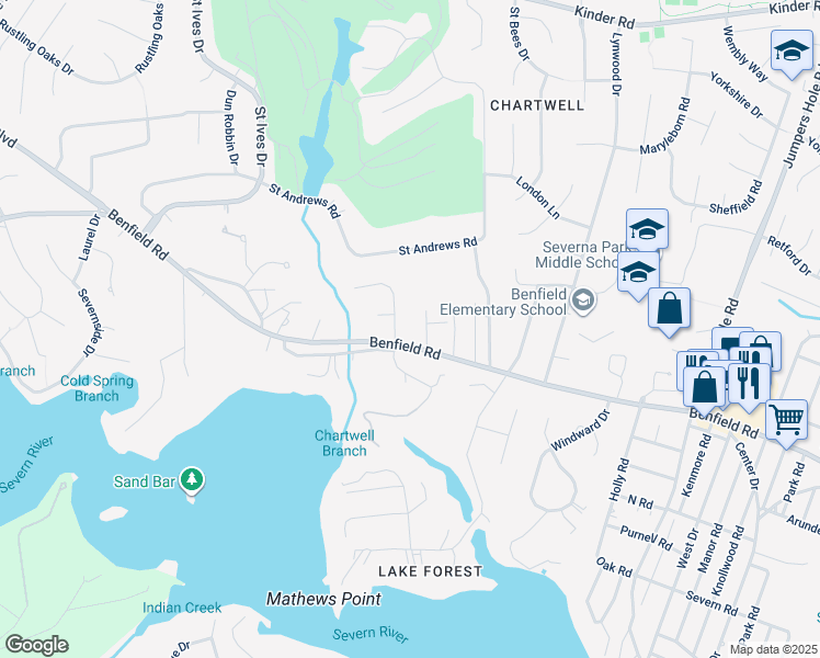 map of restaurants, bars, coffee shops, grocery stores, and more near 404 Helmsman Way in Severna Park