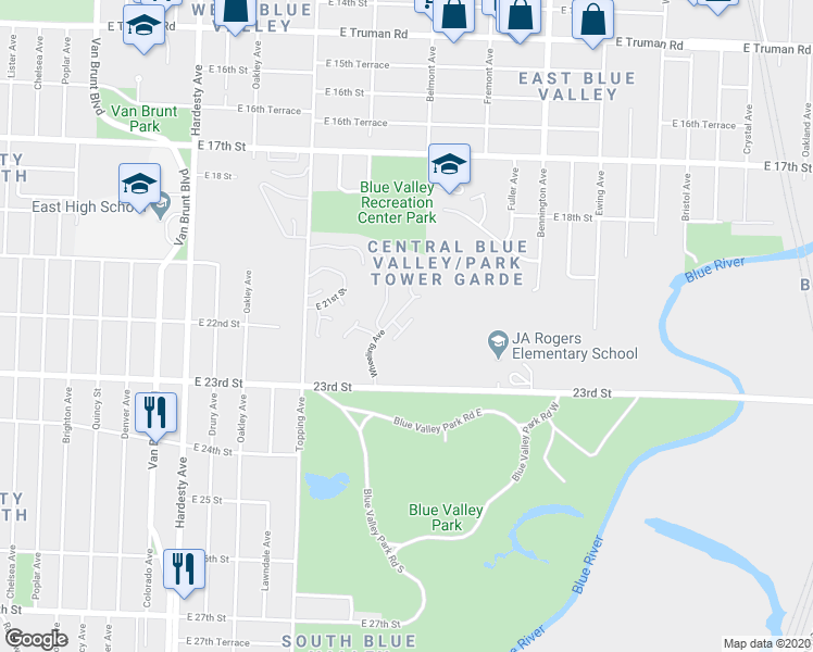 map of restaurants, bars, coffee shops, grocery stores, and more near 2021 Wheeling Avenue in Kansas City