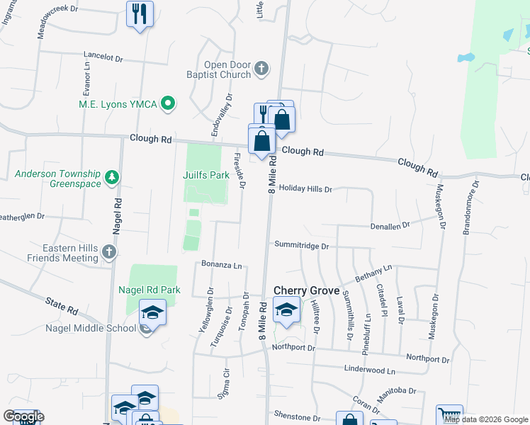 map of restaurants, bars, coffee shops, grocery stores, and more near 1877 8 Mile Road in Cincinnati
