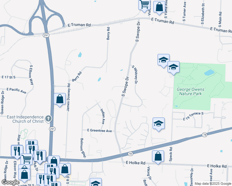 map of restaurants, bars, coffee shops, grocery stores, and more near 1800 South Swope Drive in Independence