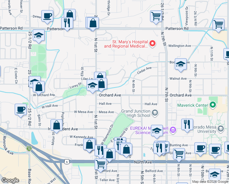 map of restaurants, bars, coffee shops, grocery stores, and more near 245 Walnut Avenue in Grand Junction