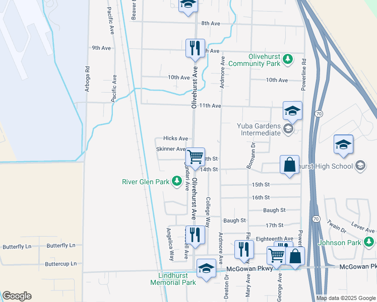 map of restaurants, bars, coffee shops, grocery stores, and more near 4537 Sundari Avenue in Olivehurst