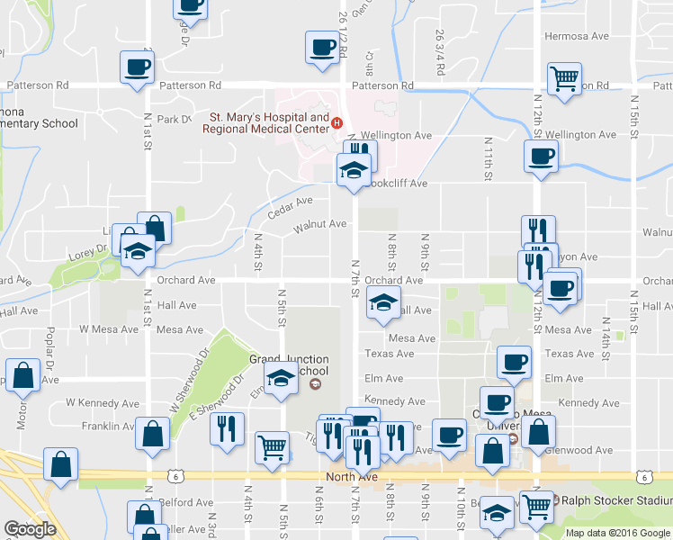 map of restaurants, bars, coffee shops, grocery stores, and more near 2001 North 6th Street in Grand Junction
