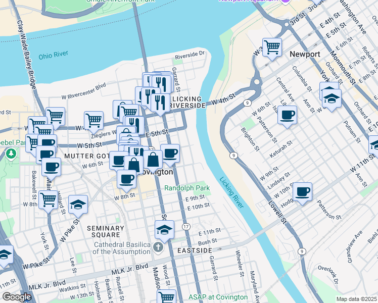 map of restaurants, bars, coffee shops, grocery stores, and more near 609 Garrard Street in Covington