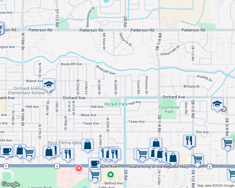 map of restaurants, bars, coffee shops, grocery stores, and more near 2035 North 26th Street in Grand Junction