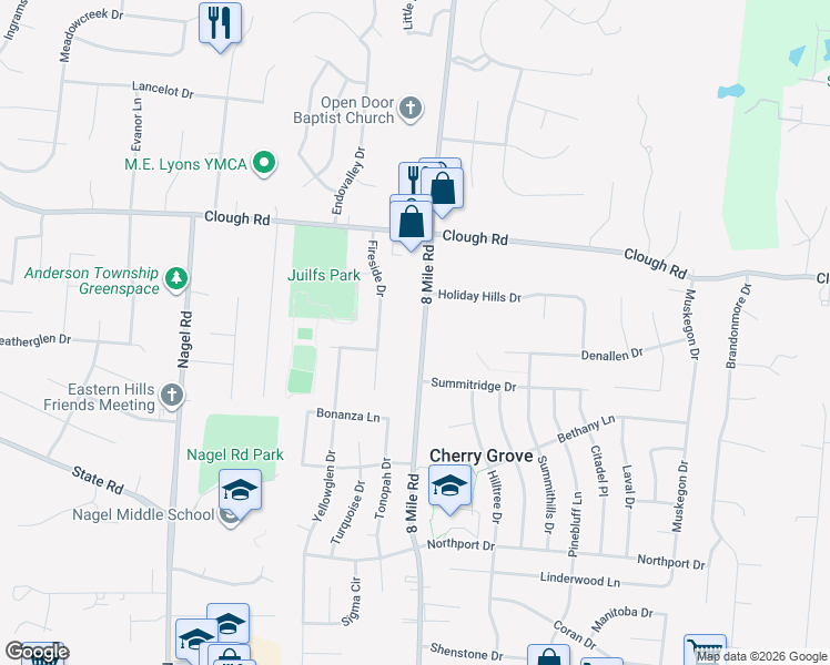 map of restaurants, bars, coffee shops, grocery stores, and more near 1877 8 Mile Road in Cincinnati