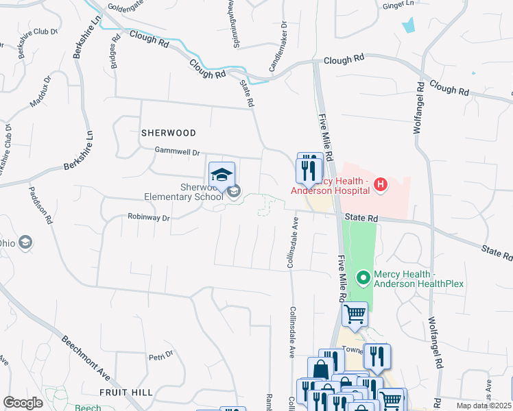 map of restaurants, bars, coffee shops, grocery stores, and more near 1953 Wittmeyer Drive in Cincinnati