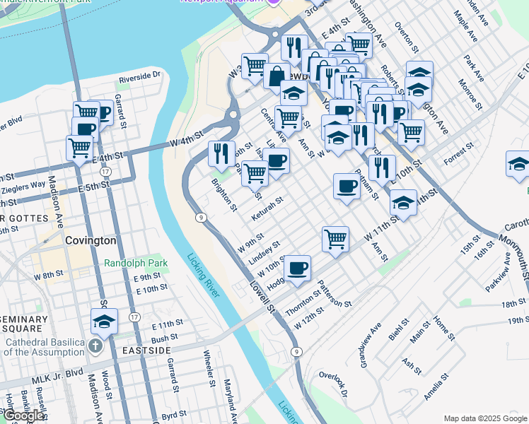 map of restaurants, bars, coffee shops, grocery stores, and more near 835 Patterson Street in Newport