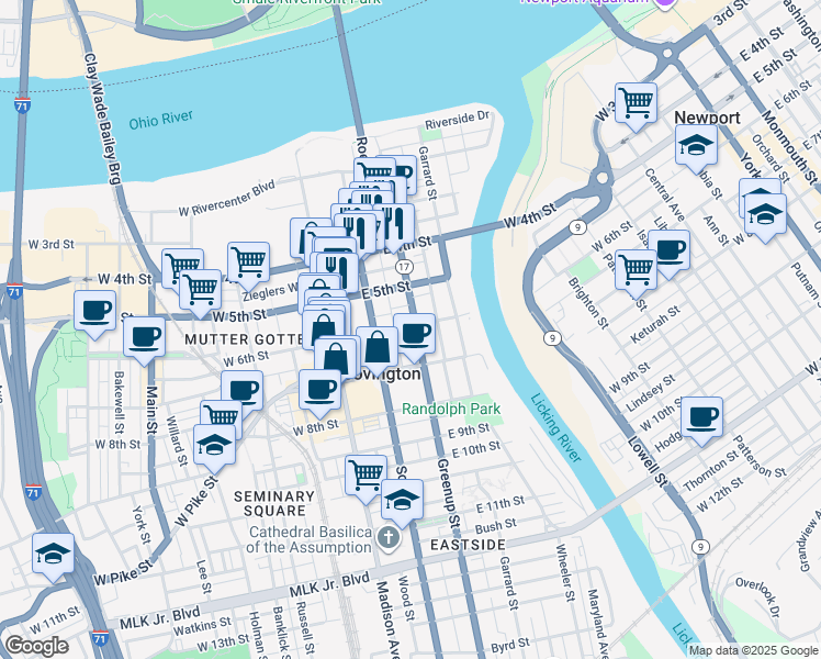 map of restaurants, bars, coffee shops, grocery stores, and more near 526 Greenup Street in Covington