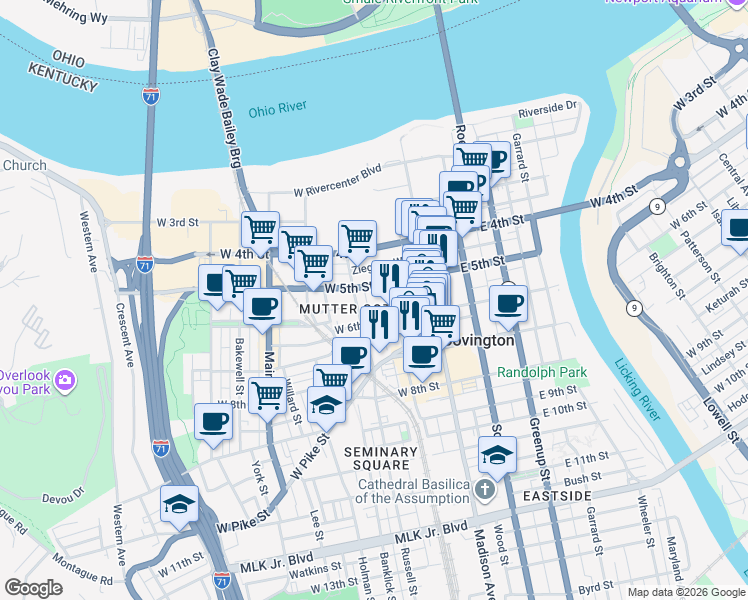 map of restaurants, bars, coffee shops, grocery stores, and more near 108 West 5th Street in Covington