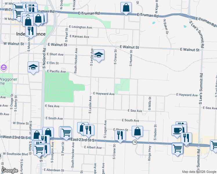 map of restaurants, bars, coffee shops, grocery stores, and more near 606 South Crane Street in Independence