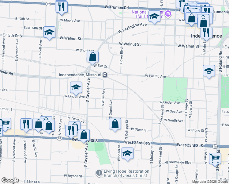 map of restaurants, bars, coffee shops, grocery stores, and more near 1010 West Hayward Avenue in Independence