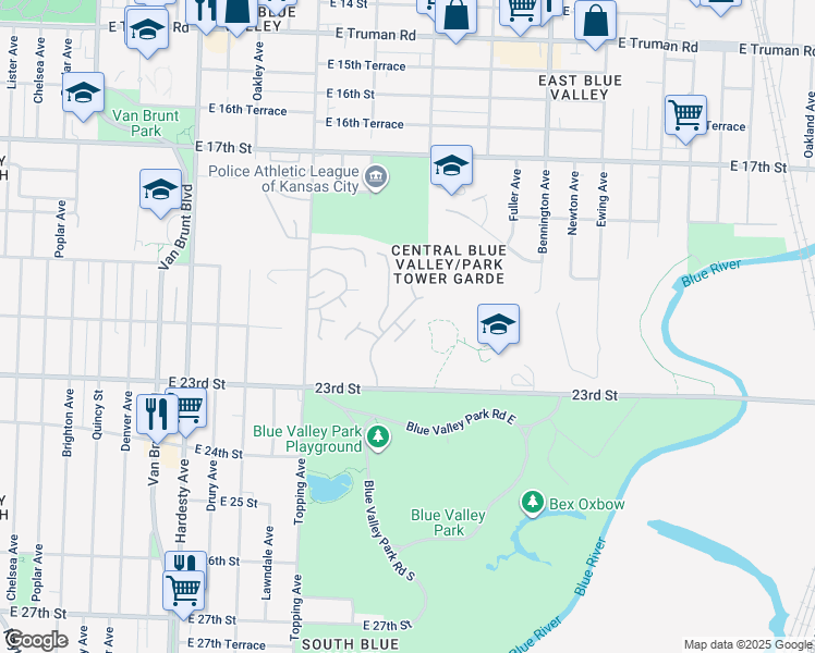 map of restaurants, bars, coffee shops, grocery stores, and more near 2021 Wheeling Avenue in Kansas City