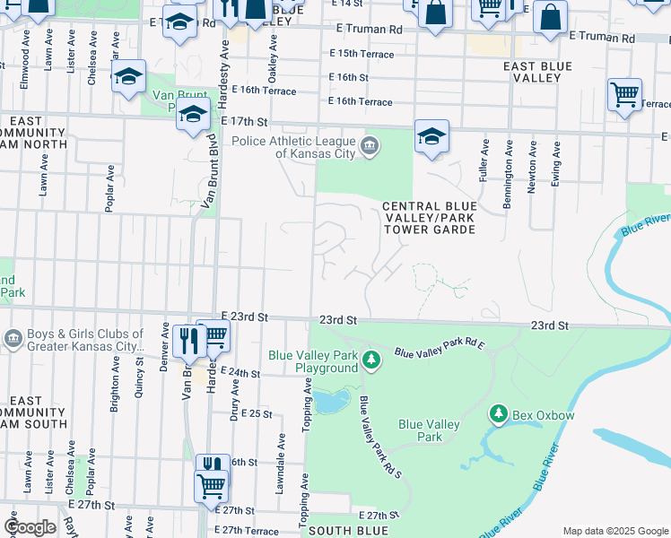 map of restaurants, bars, coffee shops, grocery stores, and more near 5871 East 21st Street in Kansas City