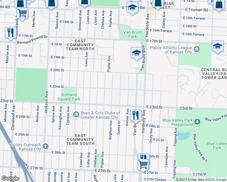 map of restaurants, bars, coffee shops, grocery stores, and more near 5006 East 22nd Street in Kansas City
