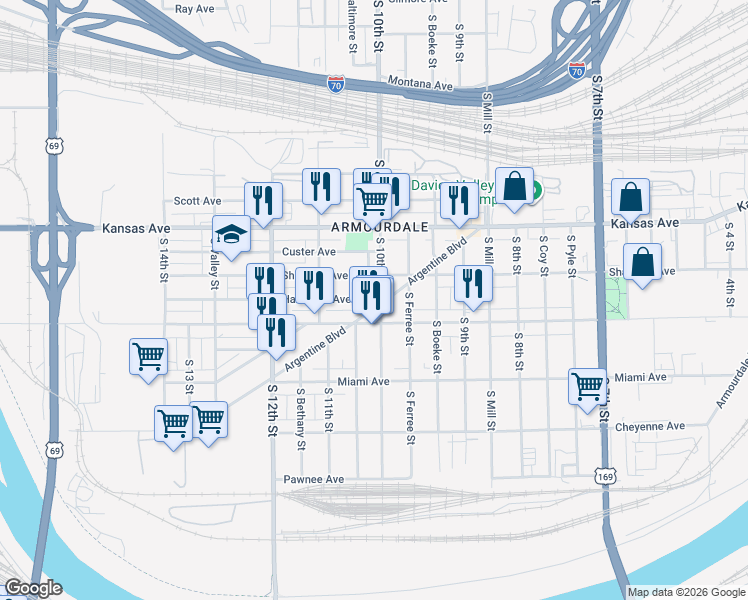 map of restaurants, bars, coffee shops, grocery stores, and more near 710 South 9th Street in Kansas City