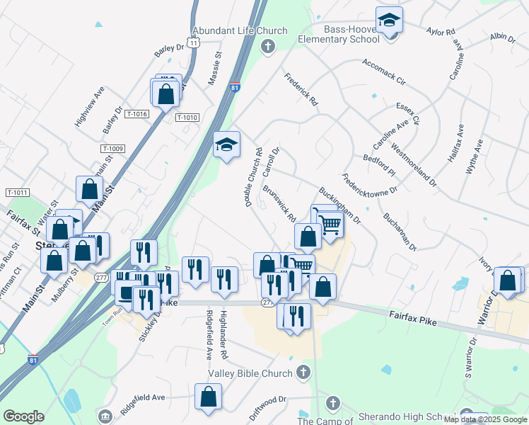 map of restaurants, bars, coffee shops, grocery stores, and more near 304 Carroll Drive in Stephens City