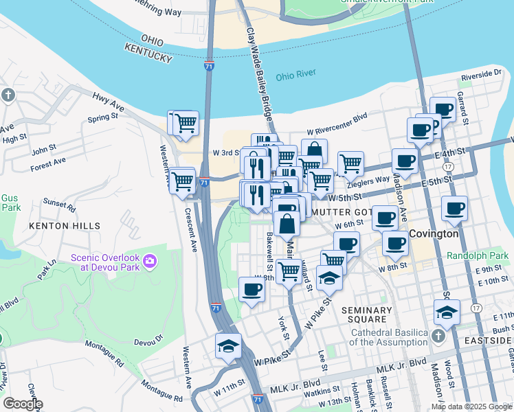 map of restaurants, bars, coffee shops, grocery stores, and more near 505 West 5th Street in Covington