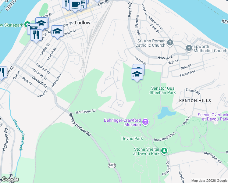 map of restaurants, bars, coffee shops, grocery stores, and more near 540 Rivers Breeze Drive in Ludlow