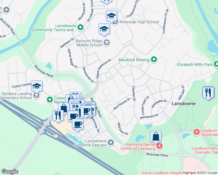map of restaurants, bars, coffee shops, grocery stores, and more near 19186 Greystone Square in Leesburg