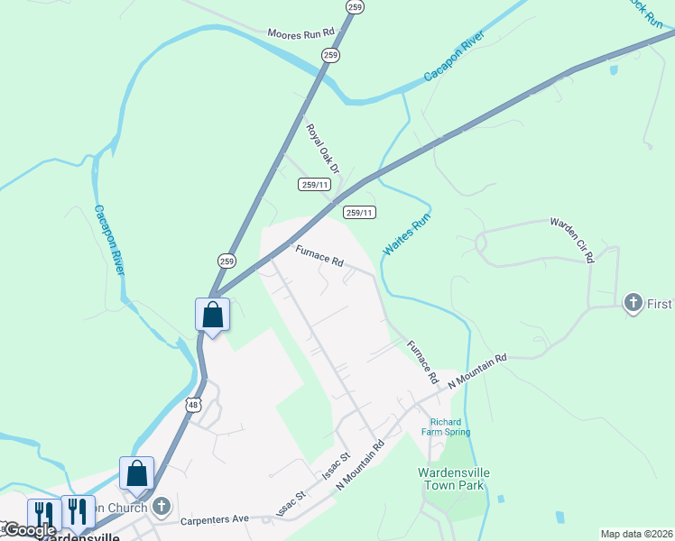 map of restaurants, bars, coffee shops, grocery stores, and more near 140 Furnace Road in Wardensville