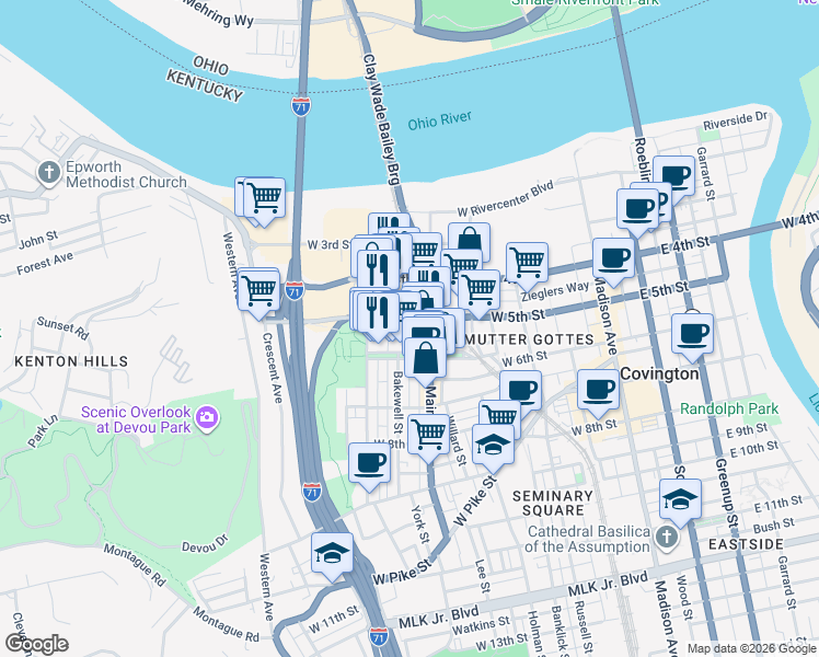 map of restaurants, bars, coffee shops, grocery stores, and more near 501 Main Street in Covington