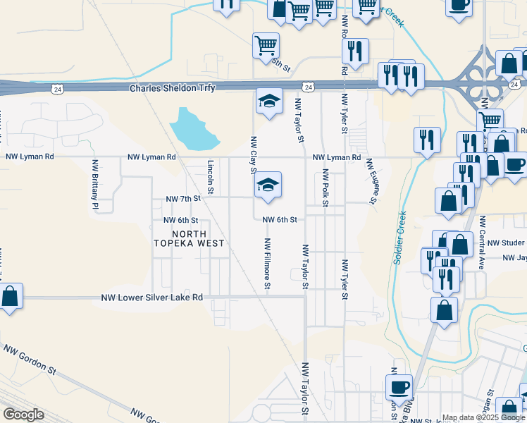 map of restaurants, bars, coffee shops, grocery stores, and more near 2000 Northwest Clay Street in Topeka