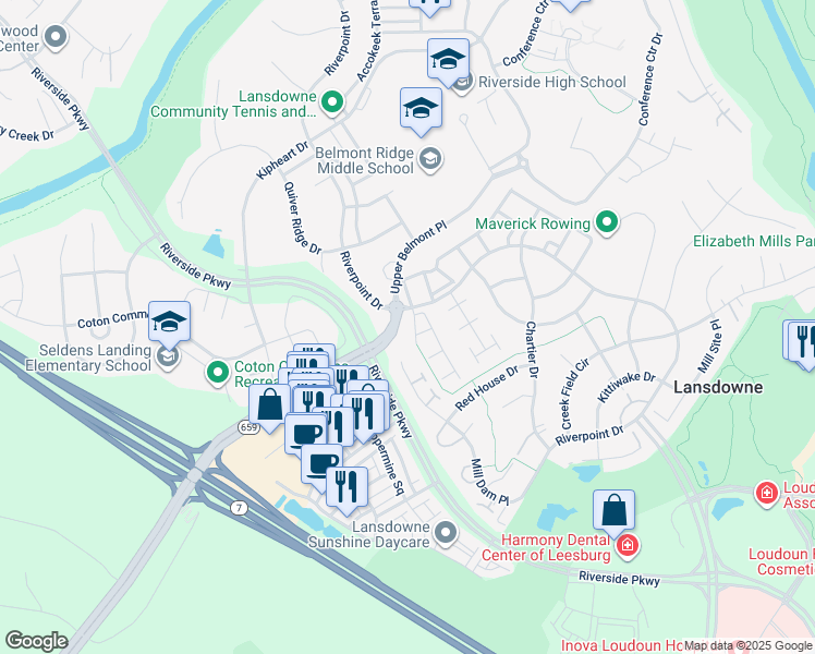 map of restaurants, bars, coffee shops, grocery stores, and more near 19185 Ferry Field Terrace in Leesburg
