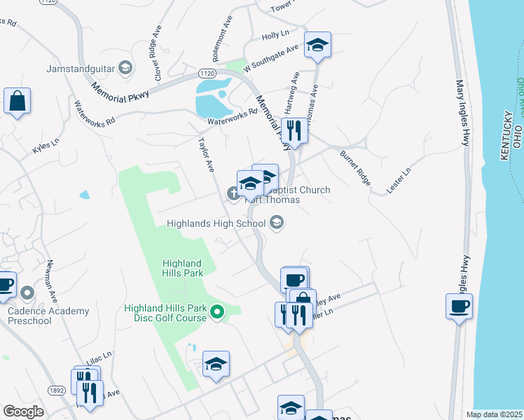map of restaurants, bars, coffee shops, grocery stores, and more near 2350 Memorial Parkway in Fort Thomas