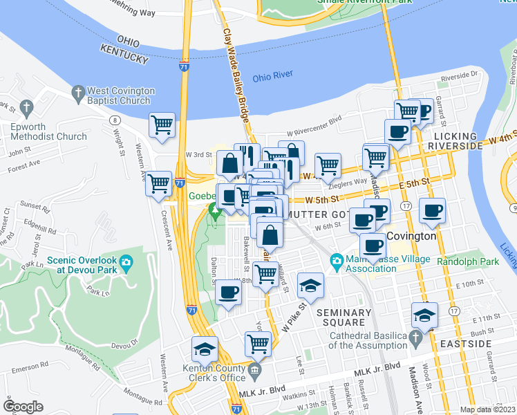 map of restaurants, bars, coffee shops, grocery stores, and more near 515 Main Street in Covington