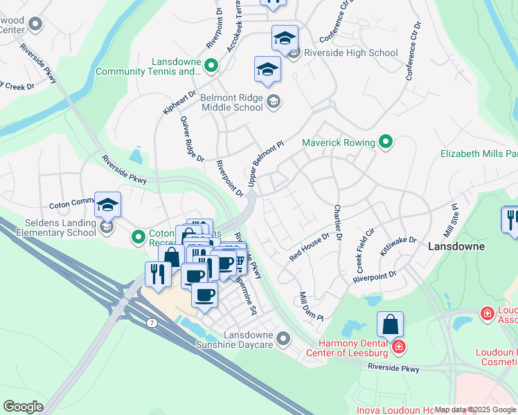 map of restaurants, bars, coffee shops, grocery stores, and more near 19185 Ferry Field Terrace in Leesburg