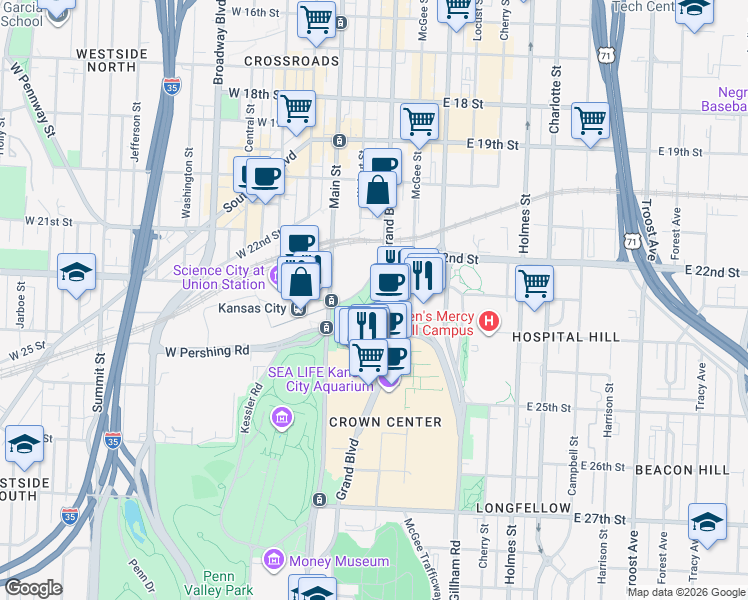 map of restaurants, bars, coffee shops, grocery stores, and more near 100 East Pershing Road in Kansas City