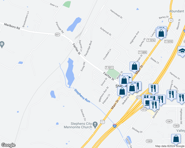 map of restaurants, bars, coffee shops, grocery stores, and more near 252 Shoe Buckle Court in Stephens City