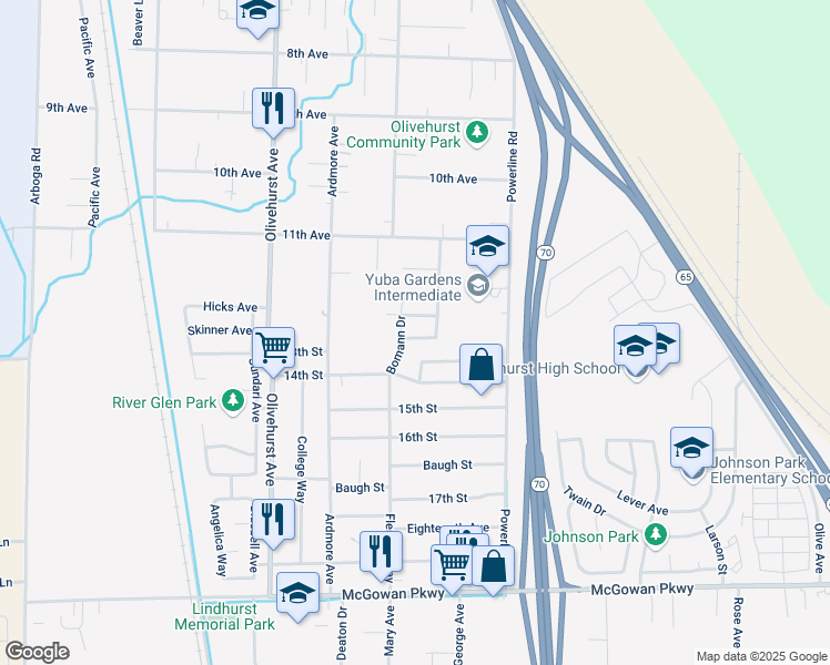 map of restaurants, bars, coffee shops, grocery stores, and more near 1892 Georgina Drive in Olivehurst