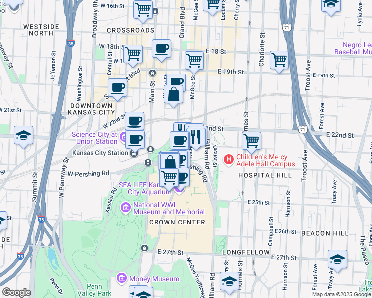 map of restaurants, bars, coffee shops, grocery stores, and more near 2345 Grand Boulevard in Kansas City