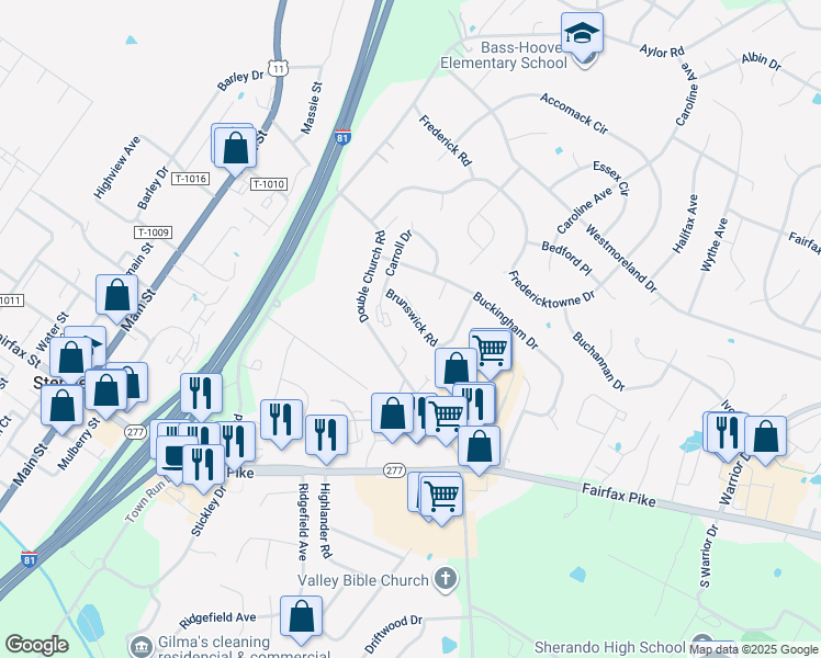 map of restaurants, bars, coffee shops, grocery stores, and more near 223 Brunswick Road in Stephens City