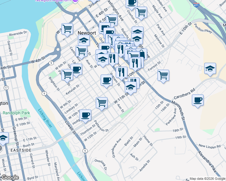 map of restaurants, bars, coffee shops, grocery stores, and more near 1001 Columbia Street in Newport