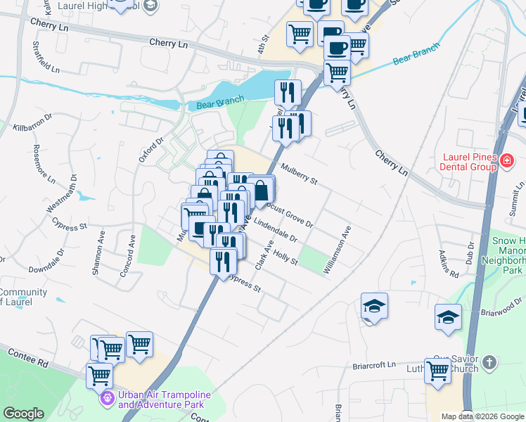 map of restaurants, bars, coffee shops, grocery stores, and more near 14215 Baltimore Avenue in Laurel