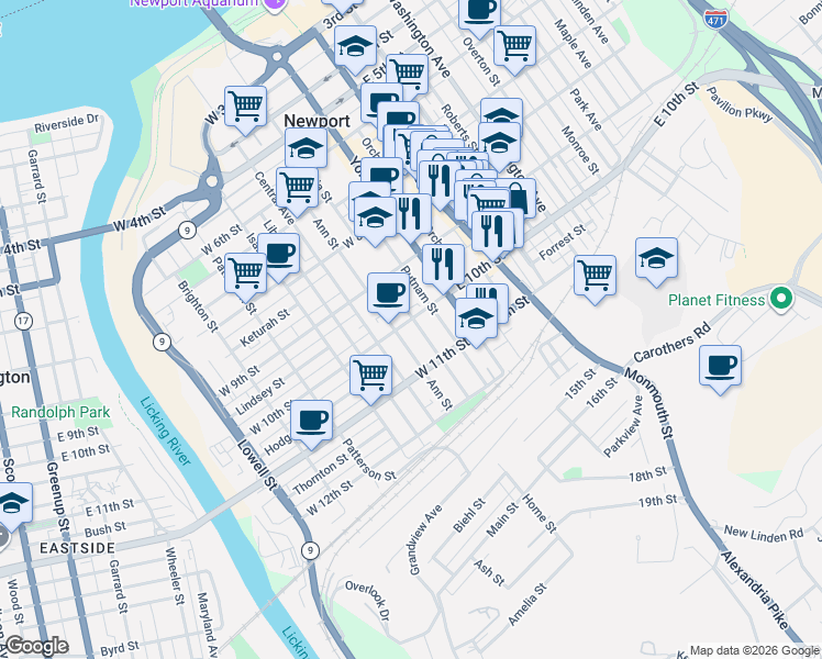 map of restaurants, bars, coffee shops, grocery stores, and more near 1001 Columbia Street in Newport