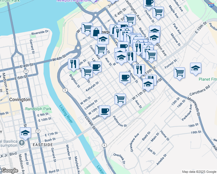 map of restaurants, bars, coffee shops, grocery stores, and more near 218 West 9th Street in Newport