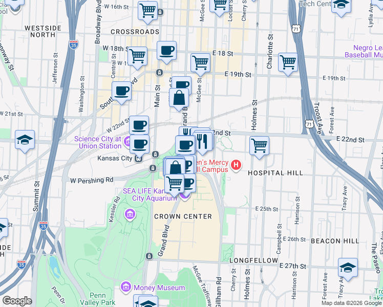 map of restaurants, bars, coffee shops, grocery stores, and more near 2345 Grand Boulevard in Kansas City
