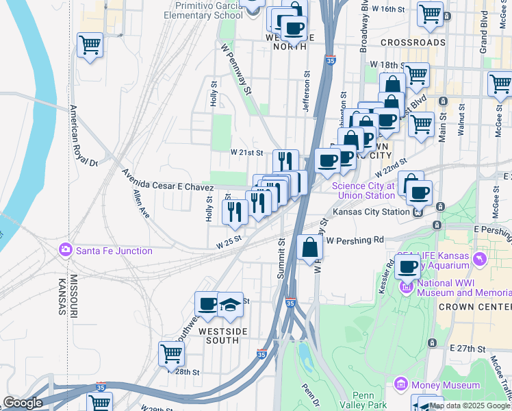 map of restaurants, bars, coffee shops, grocery stores, and more near 2311 Belleview Avenue in Kansas City