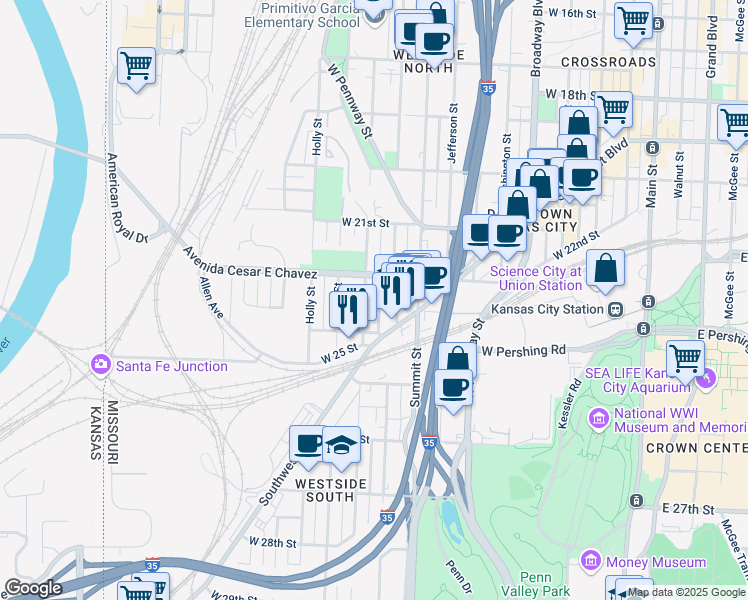 map of restaurants, bars, coffee shops, grocery stores, and more near 2311 Belleview Avenue in Kansas City