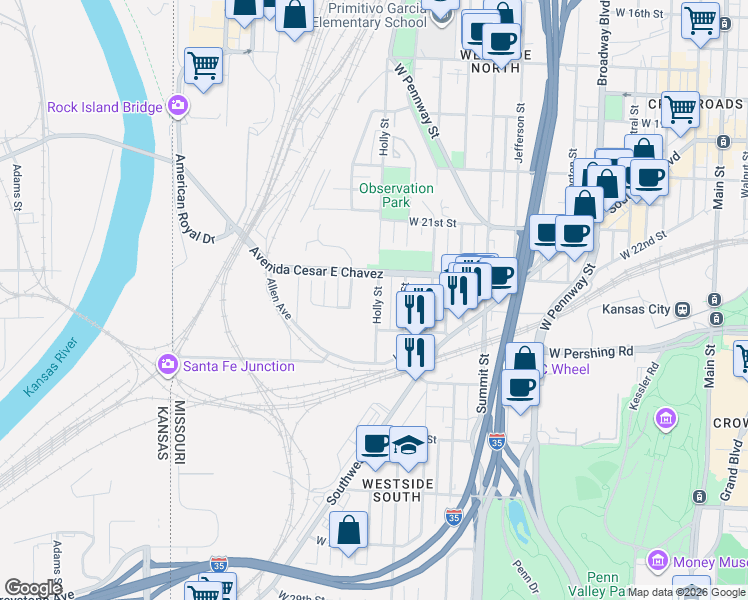 map of restaurants, bars, coffee shops, grocery stores, and more near 2312 Holly Street in Kansas City